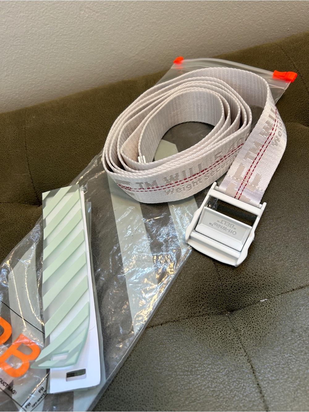 Off-White White Webbing Belt with Red Stitching and Silver Buckle